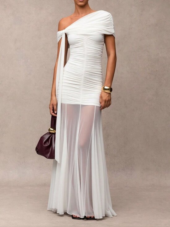 Dresses & Skirts - White Elegant Women's Minimalist Asymmetrical Shoulder  Formal Dress